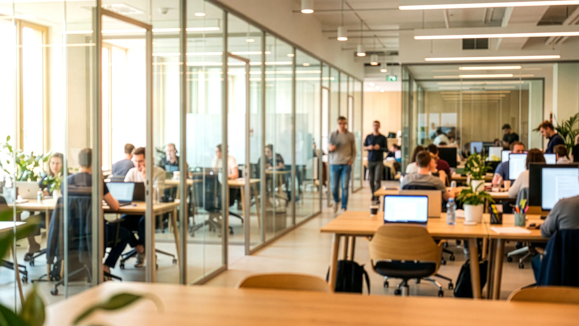 Un ufficio la mattina, con la luce che entra dalle vetrate: la sala si apre in profondità e, sul fondo, alcune persone sono al lavoro alle loro postazioni.