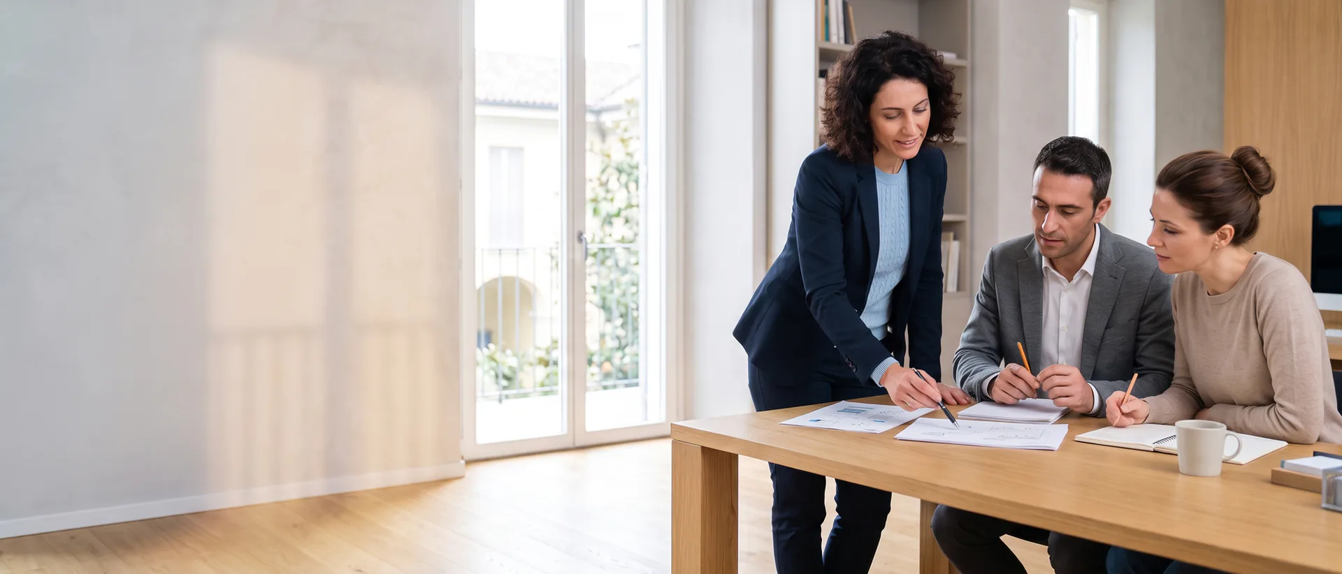 Un ufficio direzionale di giorno: una donna in piedi accanto a un tavolo in rovere indica un documento a due colleghi seduti che prendono appunti. Nessuno dei tre ha il telefono in mano.