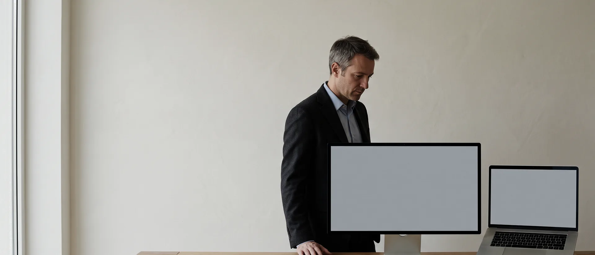 Una postazione di lavoro in un ufficio italiano nel primo pomeriggio: un uomo in giacca sta in piedi dietro il piano di rovere e guarda in basso il proprio lavoro. Sul monitor grande c’è la scheda di una trattativa già compilata, con il riepilogo scritto e il richiamo fissato; sul portatile accanto c’è l’elenco delle domande a cui l’assistenza non ha saputo rispondere, messo in fila durante la notte.