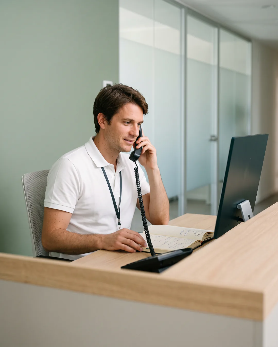 Cliniche e studi medici: la reception di una clinica privata, un addetto al telefono con l’agenda aperta