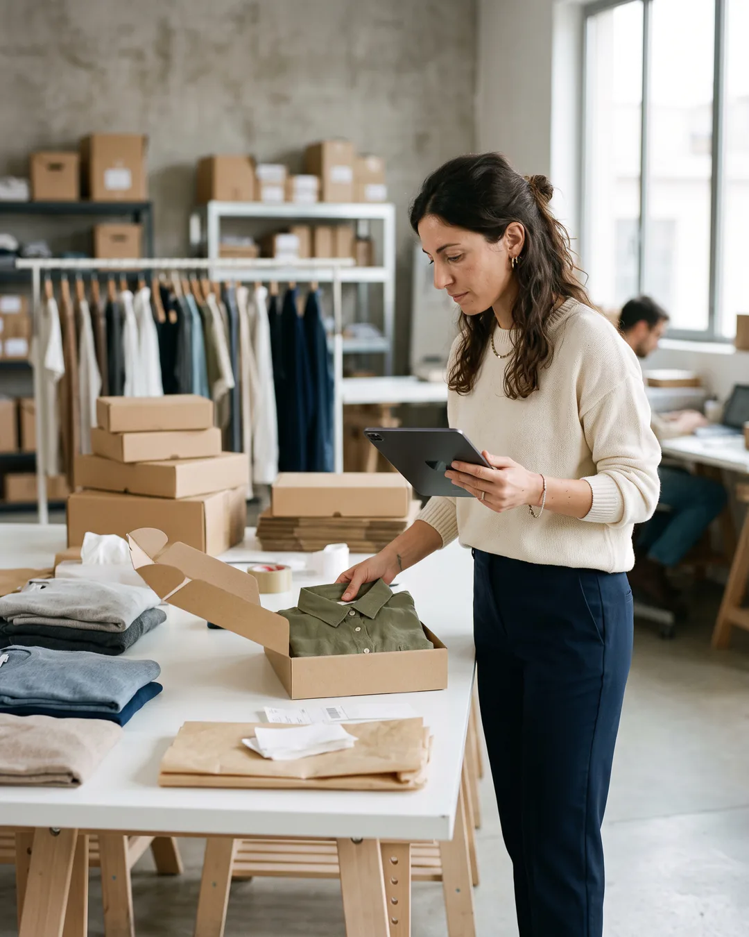 E-commerce: una responsabile controlla un ordine sul tablet mentre prepara una spedizione