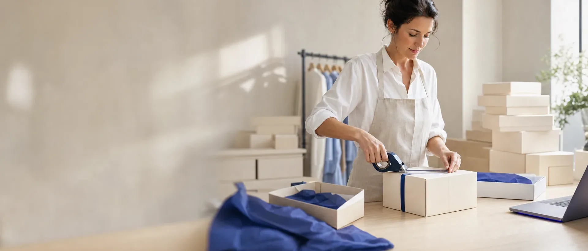 Il laboratorio luminoso di un negozio di moda online: una donna in camicia bianca e grembiule di lino chiude con un nastro blu una scatola di spedizione bianca; dietro di lei un appendiabiti con le camicie e pile di scatole chiare
