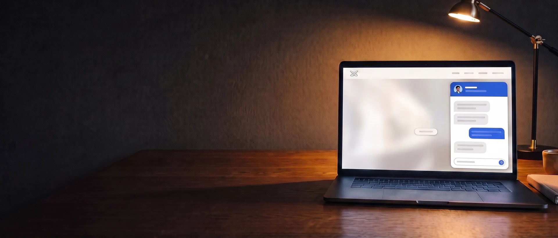 Una scrivania di legno la sera: la parete alle spalle è al buio, una lampada da tavolo accesa illumina il piano dalla destra e sul tavolo, aperto, c’è un computer portatile con lo schermo acceso.