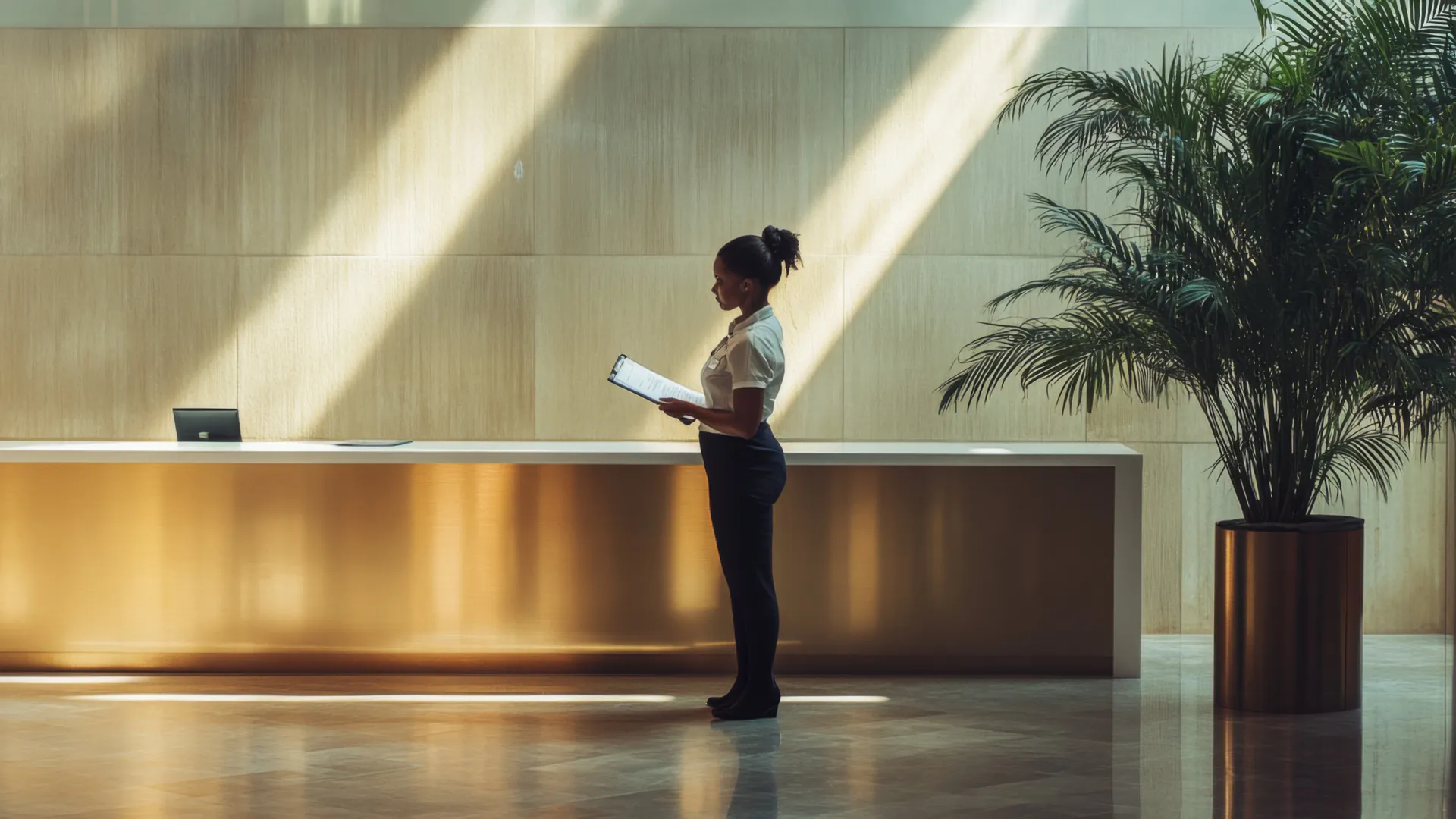 La hall di un hotel in una mattina di sole: il banco del ricevimento è lungo e non c’è nessuno davanti, l’unica persona in servizio legge una cartellina di profilo, un portatile è rimasto aperto sul banco