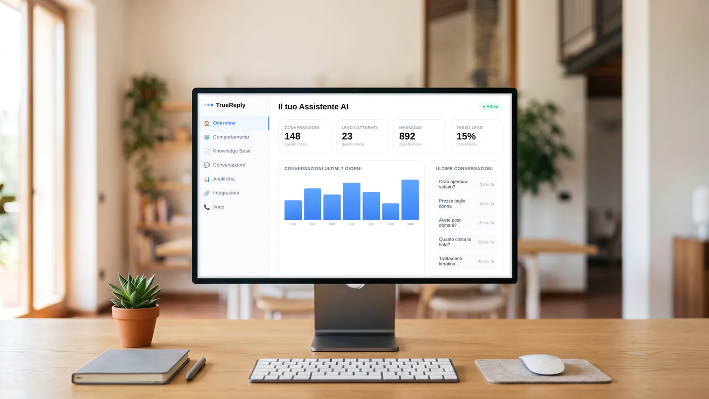La dashboard TrueReply pronta all’uso sullo schermo di un computer, su una scrivania luminosa